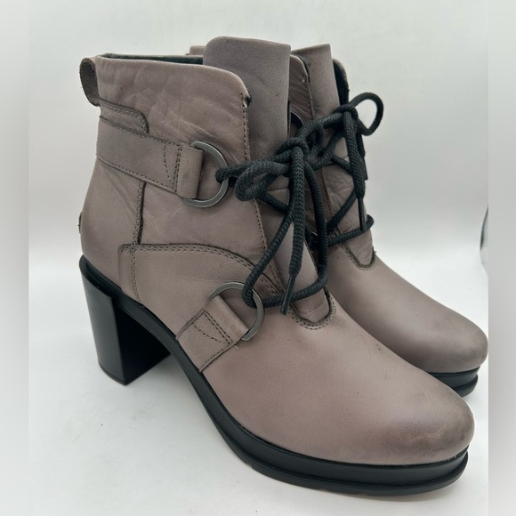 Sorel Margo Lace Up Ankle Heeled Platform Boot Bootie, Quarry Gray Leather 10.5 - Picture 2 of 9